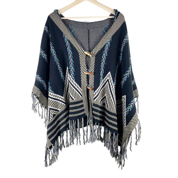 Gypsy Global Village Women's Boho Southwestern Cape One Size Black Fringe Toggle - Picture 1 of 6